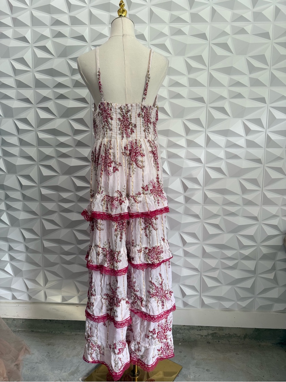 Ananta Boho Tiered Floral Maxi Dress in Pink and White SZ L/XL - Picture 2 of 5